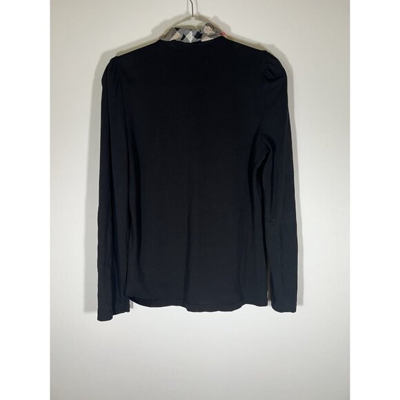 Burberry Brit black long slv puff slv plaid collar henley polo L designer preppy - Picture 3 of 10